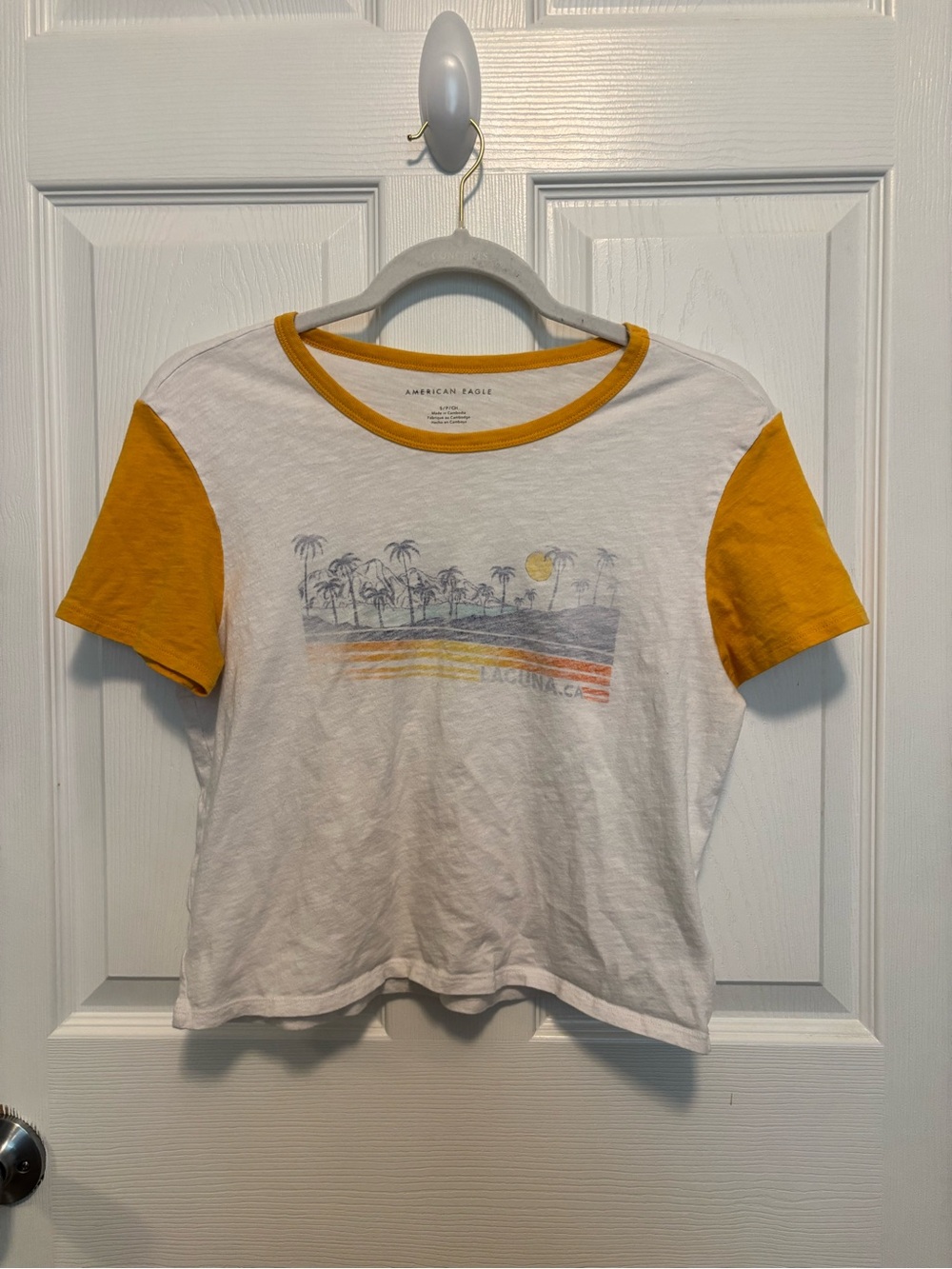 American Eagle Outfitters White Tee with Mustard Sleeves and Graphic